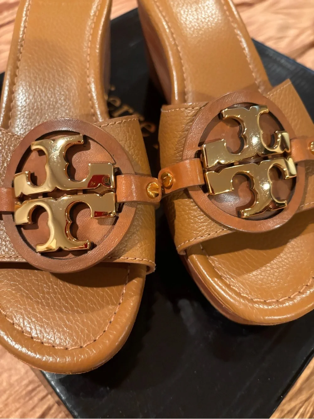 Tory Burch Cognac Leather Logo Wedge Slides